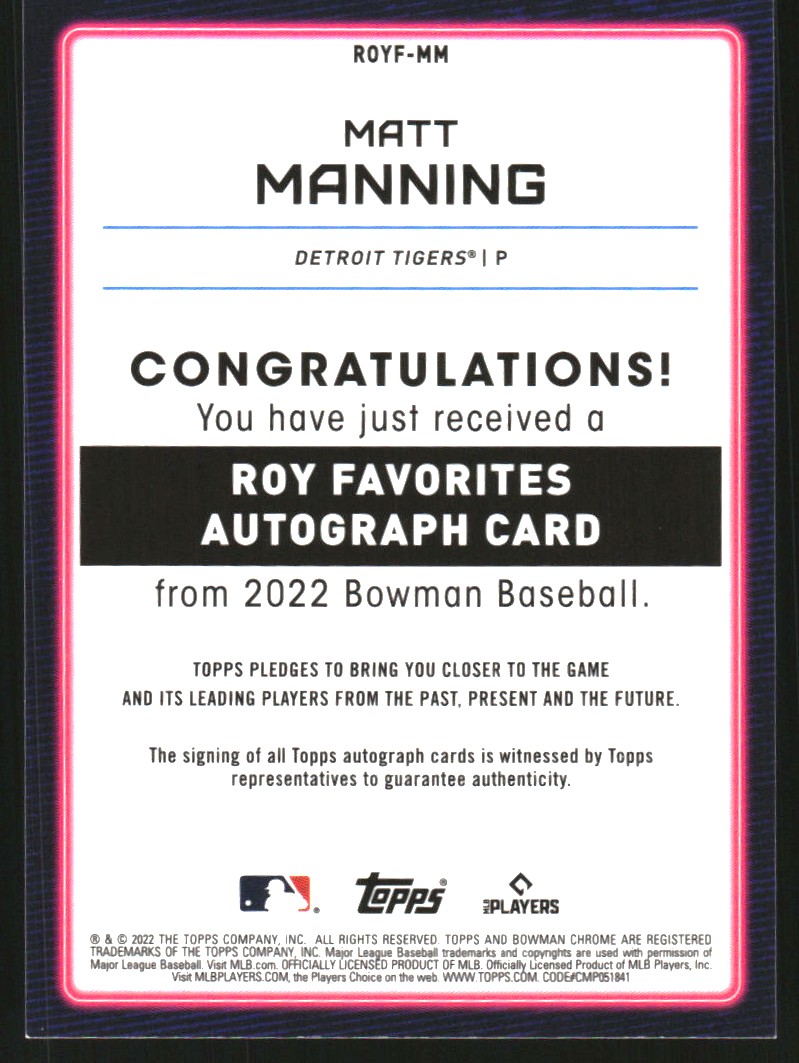 2022 Bowman Chrome Rookie of the Year Favorites Autographs Gold Refractors #ROYFMM Matt Manning