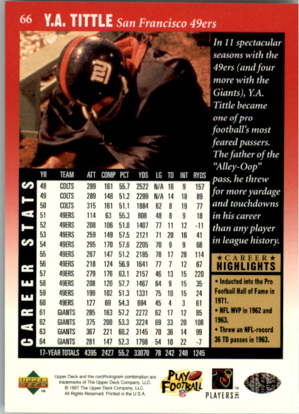 1997 Upper Deck Legends #66 Y.A. Tittle back image