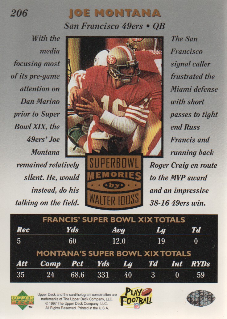 1997 Upper Deck Legends #206 Russ Francis/Joe Montana SM back image
