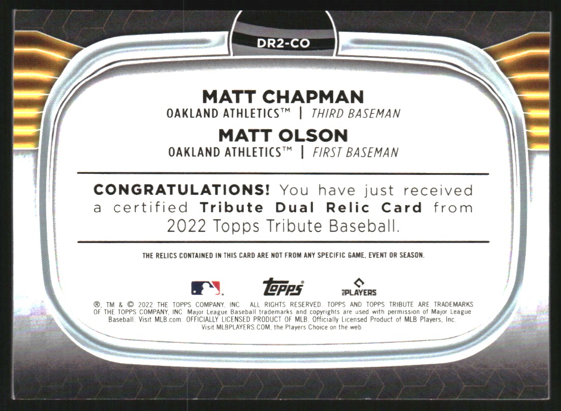 2022 Topps Tribute Dual Player Relics #DR2CO Matt Olson/Matt Chapman