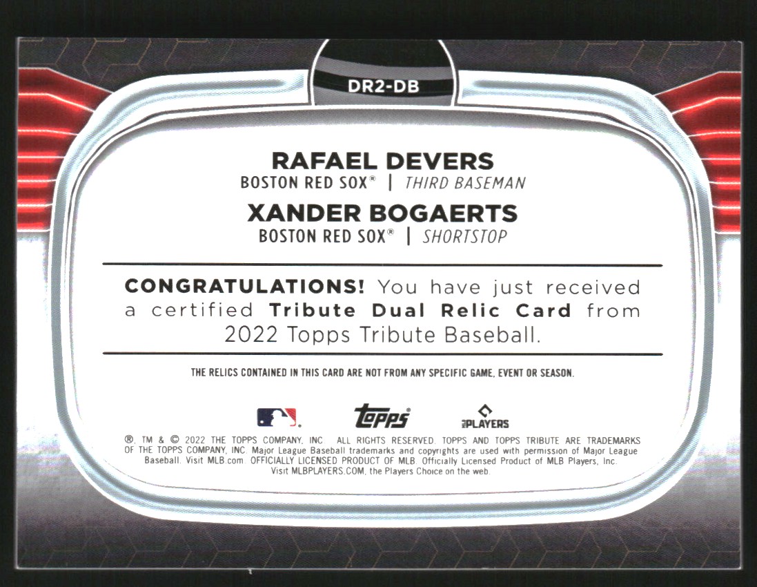 2022 Topps Tribute Dual Player Relics #DR2DB Rafael Devers/Xander Bogaerts