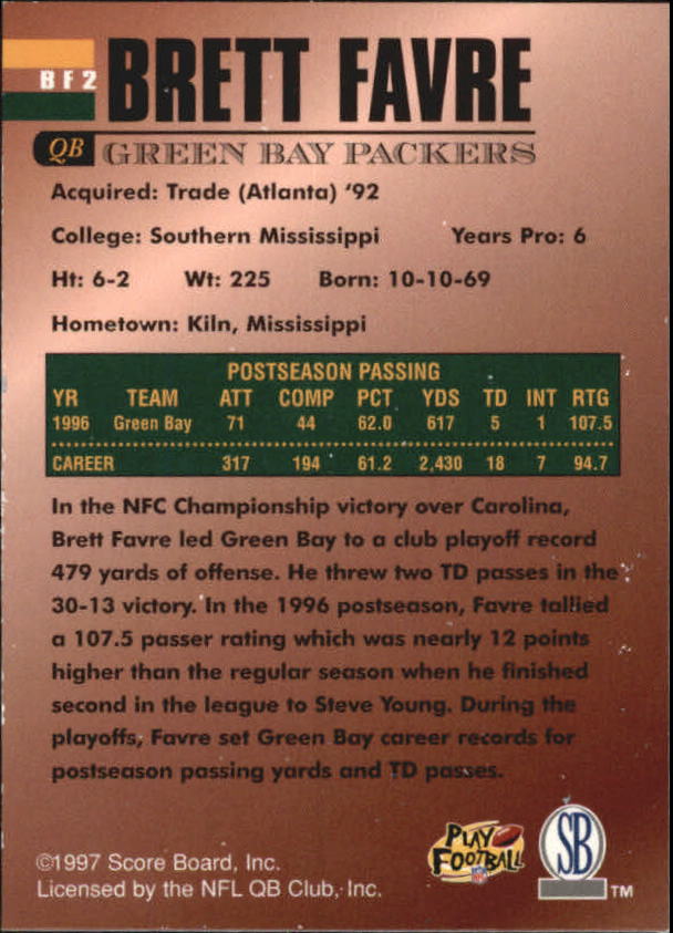 1997 Score Board Brett Favre Super Bowl XXXI #BF2 Brett Favre back image