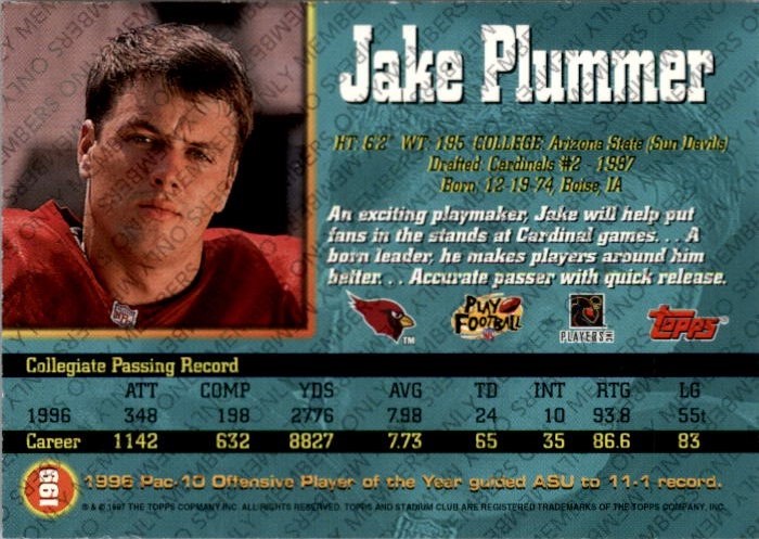 1997 Stadium Club Members Only Parallel #199 Jake Plummer back image