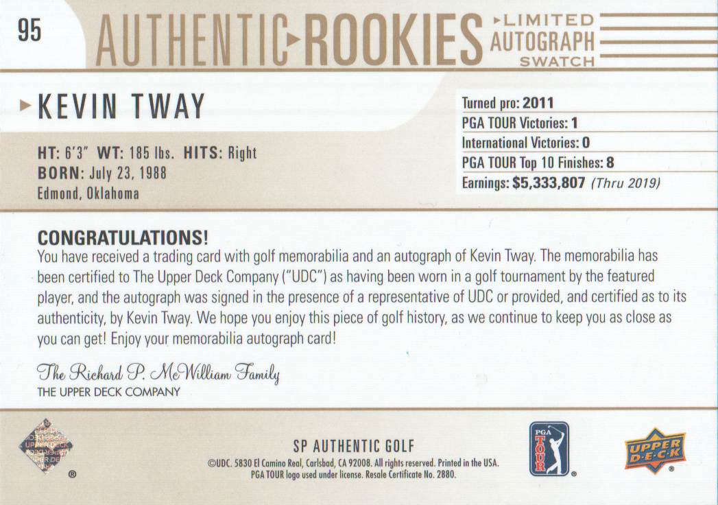 2021 SP Authentic Limited #95 Kevin Tway SHIRT AU/100 back image