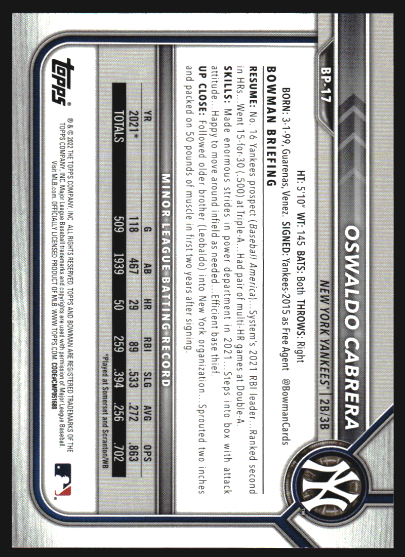 2022 Bowman Prospects Purple Pattern #BP17 Oswaldo Cabrera