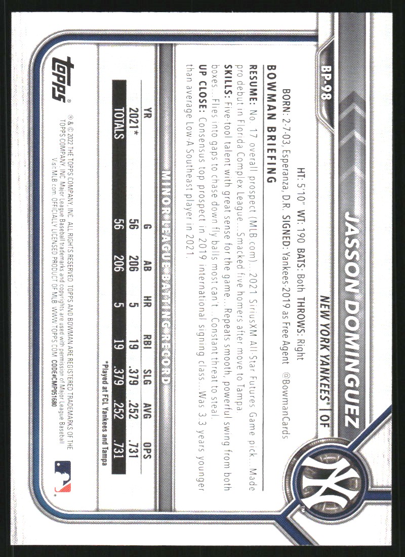 2022 Bowman Prospects Green Pattern #BP98 Jasson Dominguez
