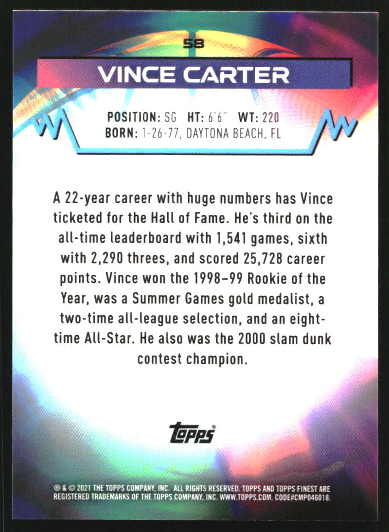 2021 Finest Purple Refractors #58 Vince Carter