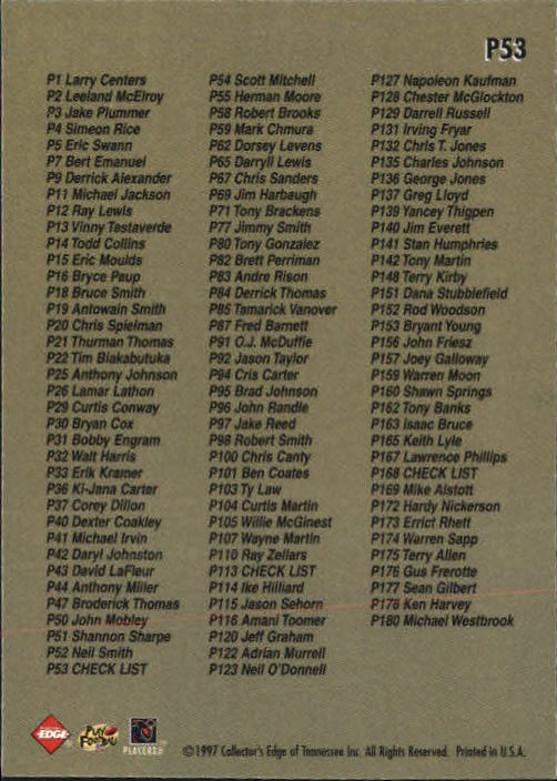 1997 Collector's Edge Extreme Foil #P53 Checklist Card back image