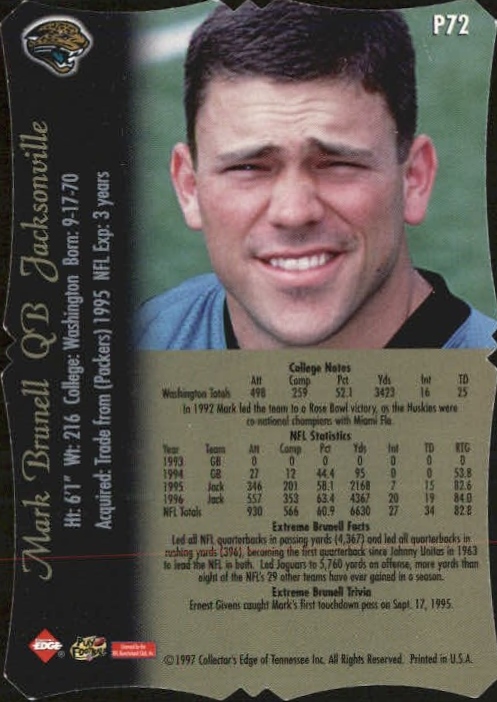 1997 Collector's Edge Extreme Foil #P72 Mark Brunell DC back image