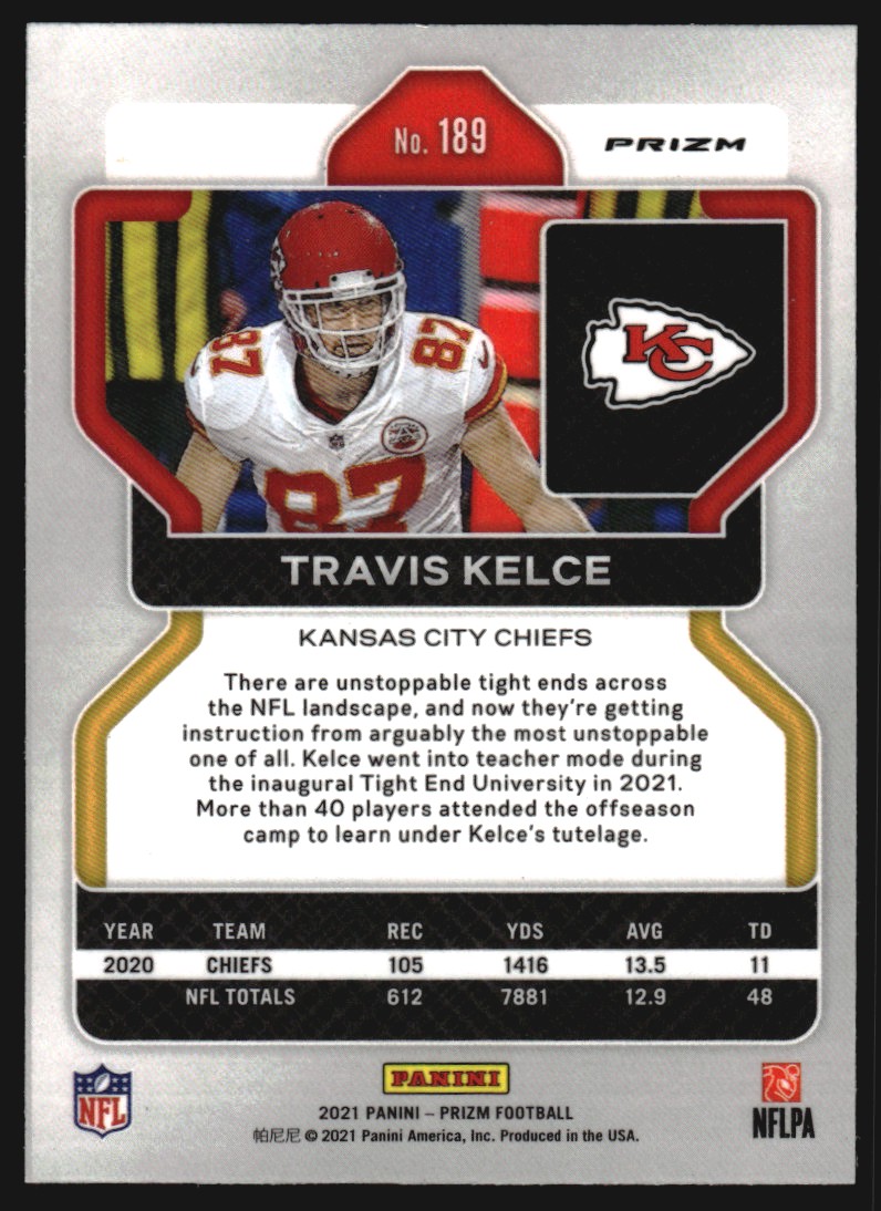 2021 Panini Prizm Prizms Red White and Blue #189 Travis Kelce