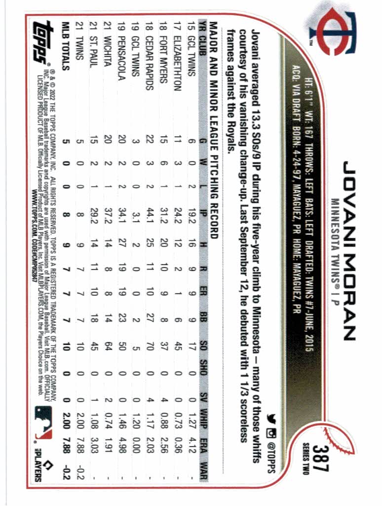 2022 Topps 387 Jovani Moran RC NMMT