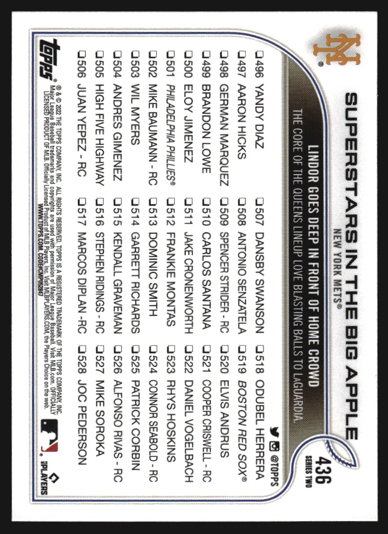 2022 Topps Gold Foil #436 Superstars in the Big Apple/Francisco Lindor/Pete Alonso