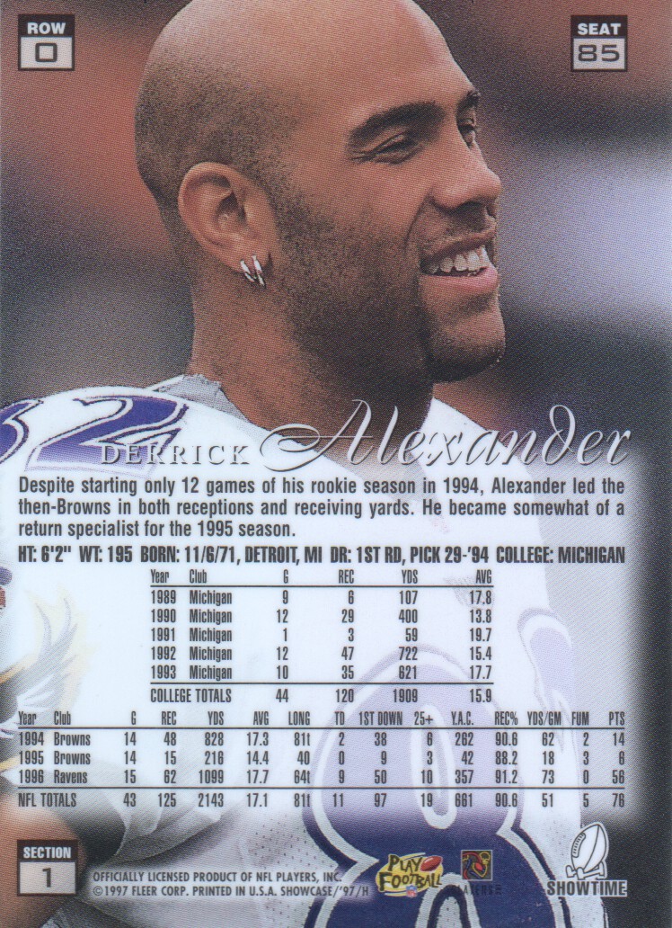 1997 Flair Showcase Row 0 #85 Derrick Alexander WR back image