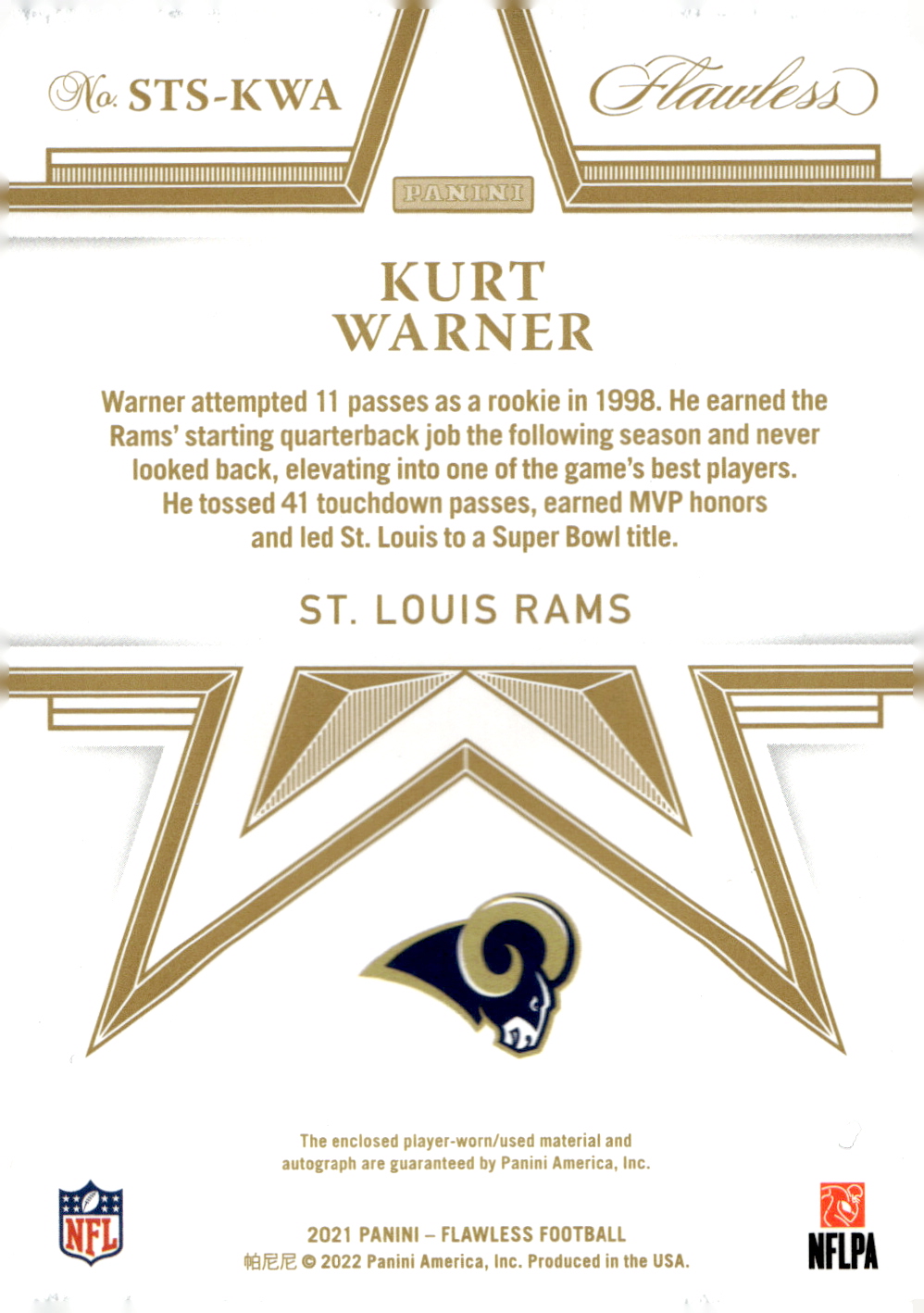 2021 Panini Flawless Star Swatch Signatures #22 Kurt Warner/20 back image