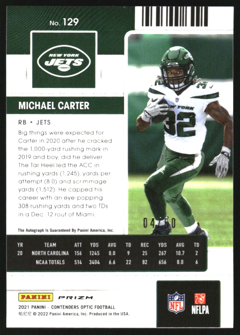 2021 Panini Contenders Optic Blue #129 Michael Carter AU/50
