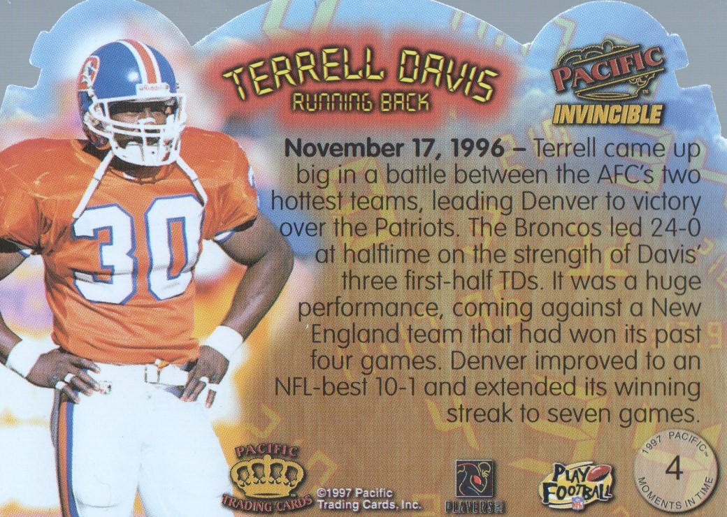 1997 Pacific Invincible Moments in Time #4 Terrell Davis back image