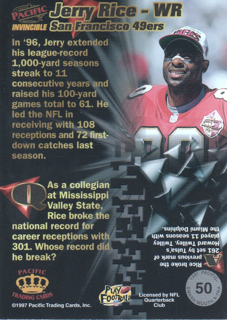 1997 Pacific Invincible Smash Mouth X-tra #50 Jerry Rice back image