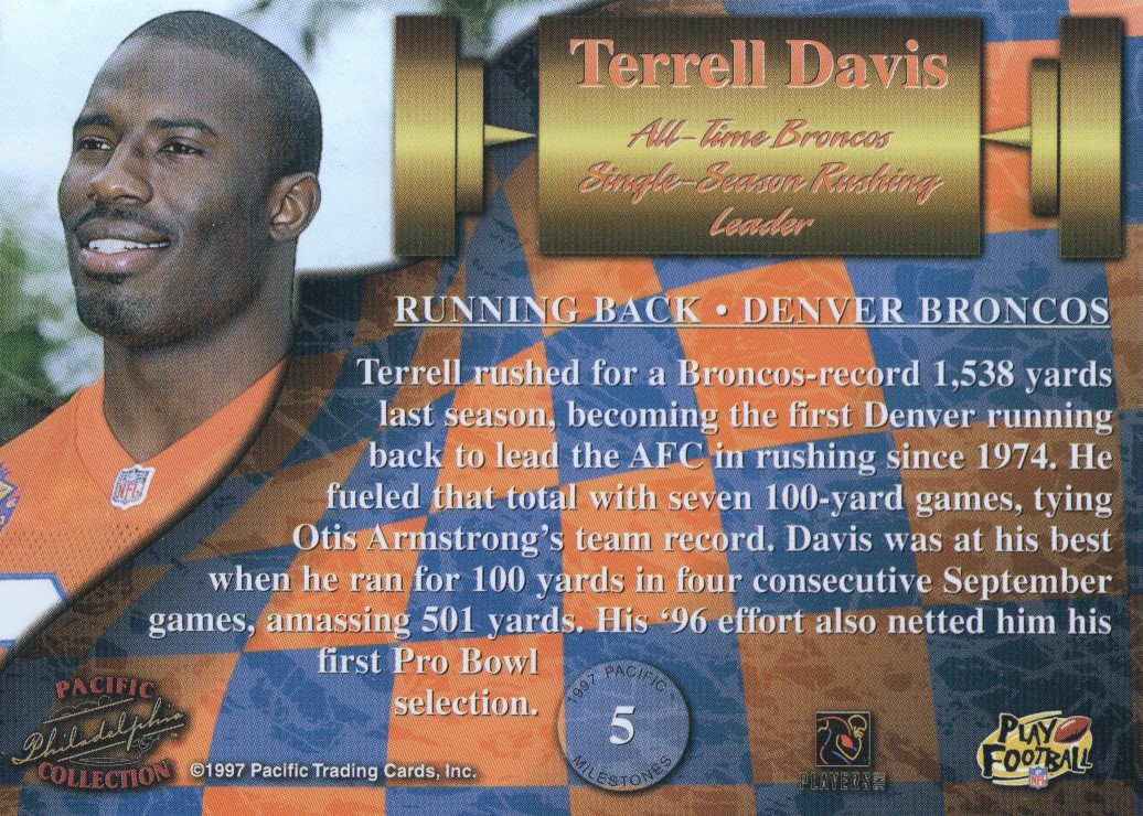 1997 Pacific Philadelphia Milestones #5 Terrell Davis back image