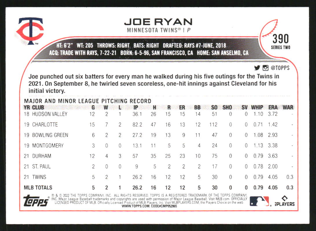 2022 Topps Base Set Photo Variations #390 Joe Ryan/black shirt