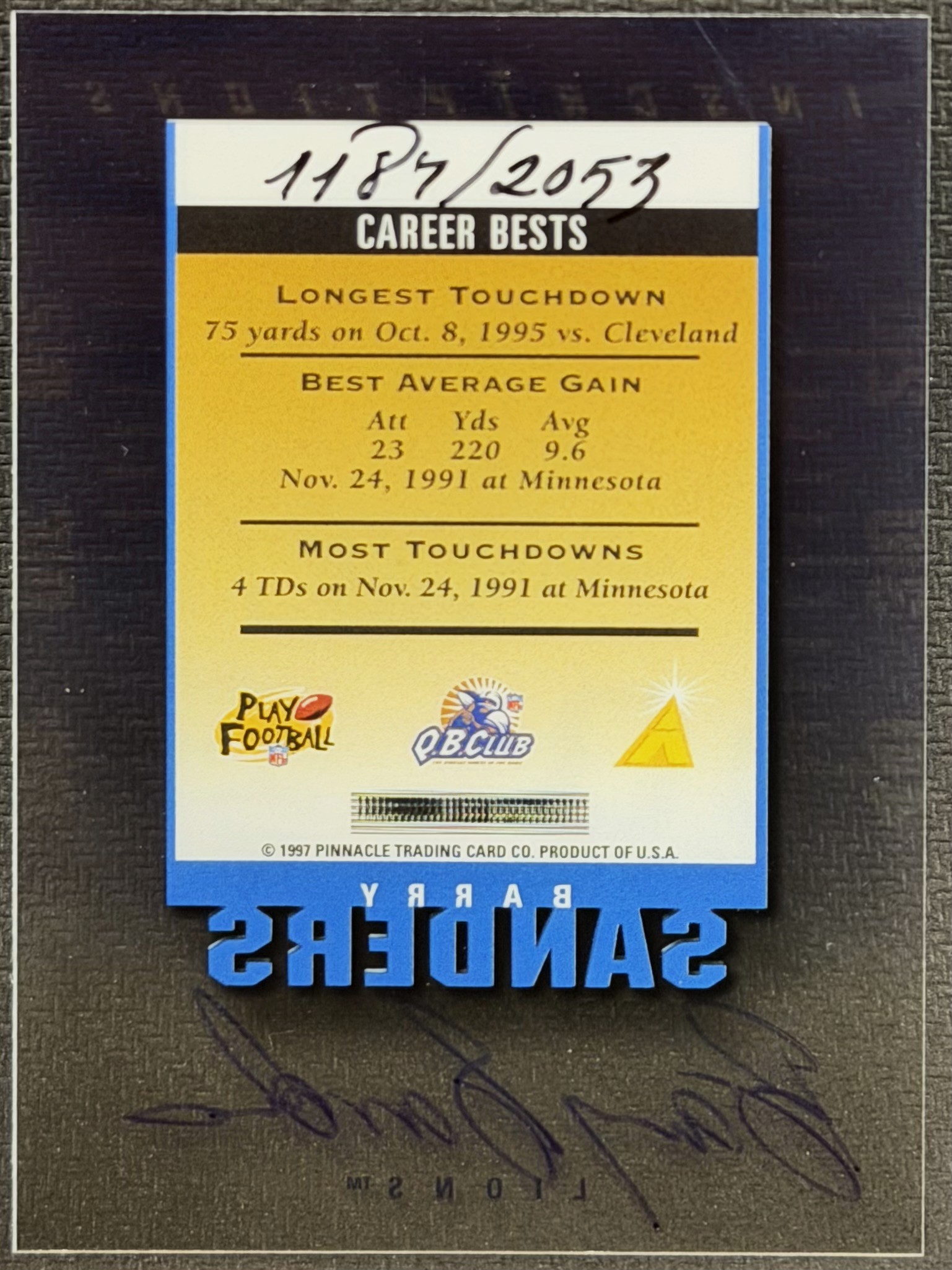1997 Pinnacle Inscriptions Autographs #25 Barry Sanders/2053 back image
