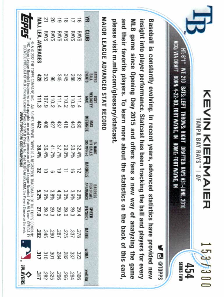 2022 Topps Advanced Stats #454 Kevin Kiermaier back image