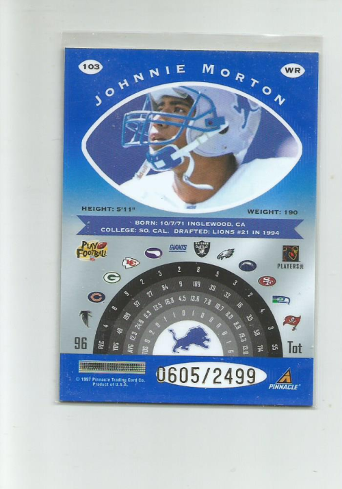 1997 Pinnacle Totally Certified Platinum Blue #103 Johnnie Morton back image