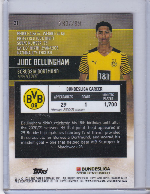 2021-22 Stadium Club Chrome Bundesliga Purple Refractors #31 Jude Bellingham back image