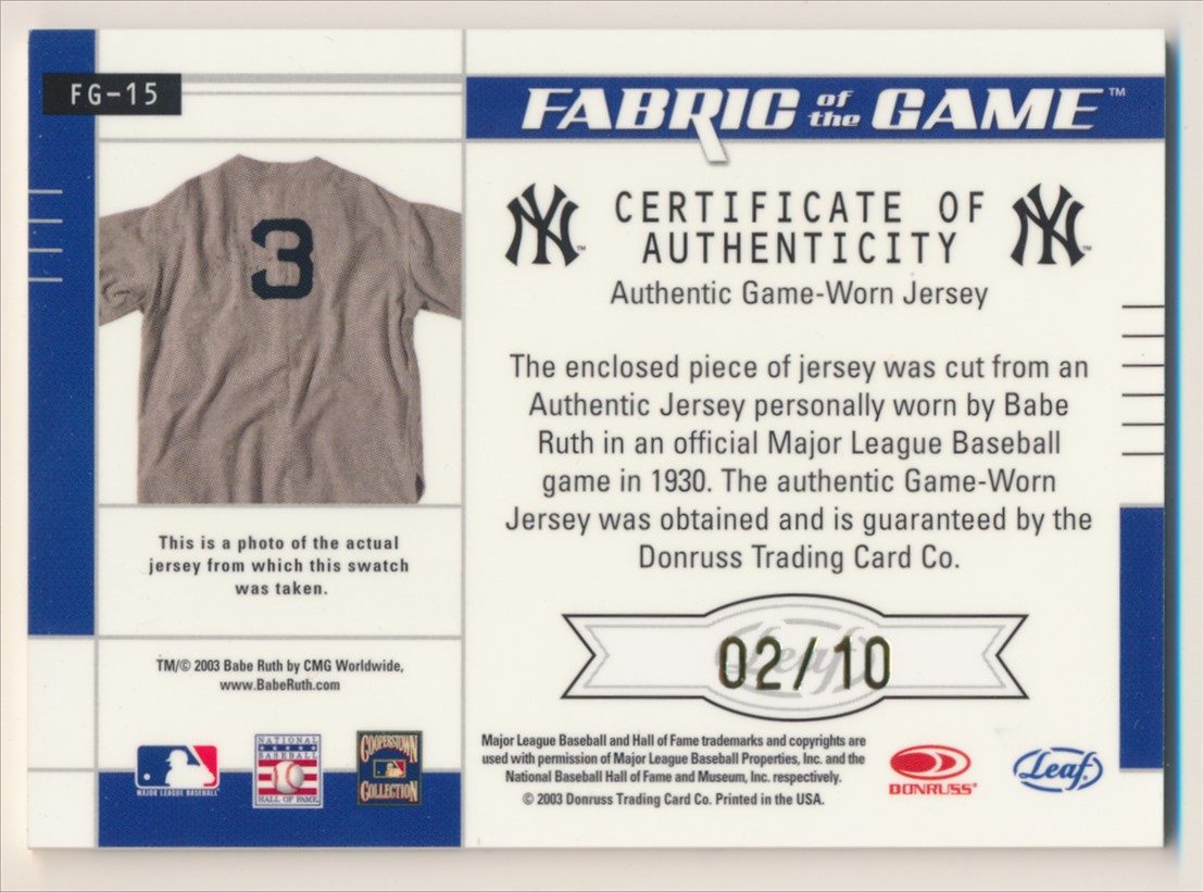 2003 Leaf Certified Materials Fabric of the Game #15IN Babe Ruth 2/10 Yankees E10473 back image