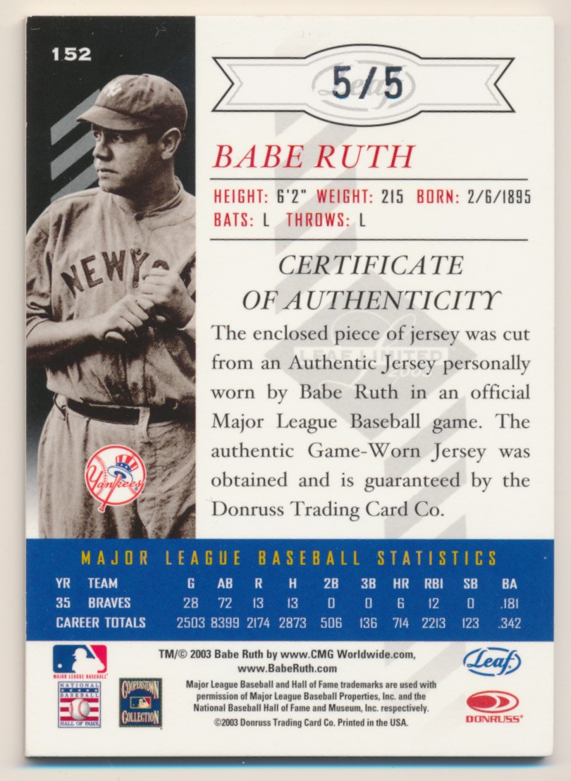 2003 Leaf Limited Threads Position #152 Babe Ruth 5/5 Yankees E10487 back image