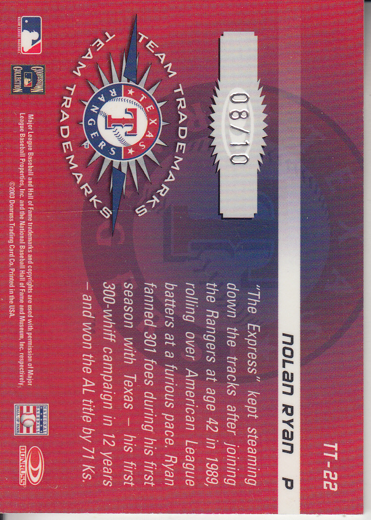 2003 Don Sig Team Trademarks AUTO Decade Nolan Ryan 8/10 Rangers E10588 back image