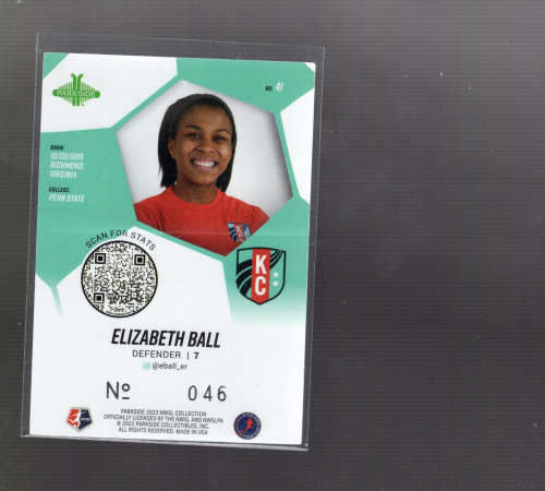 2022 Parkside NWSL Shimmer Foil #41 Elizabeth Ball back image