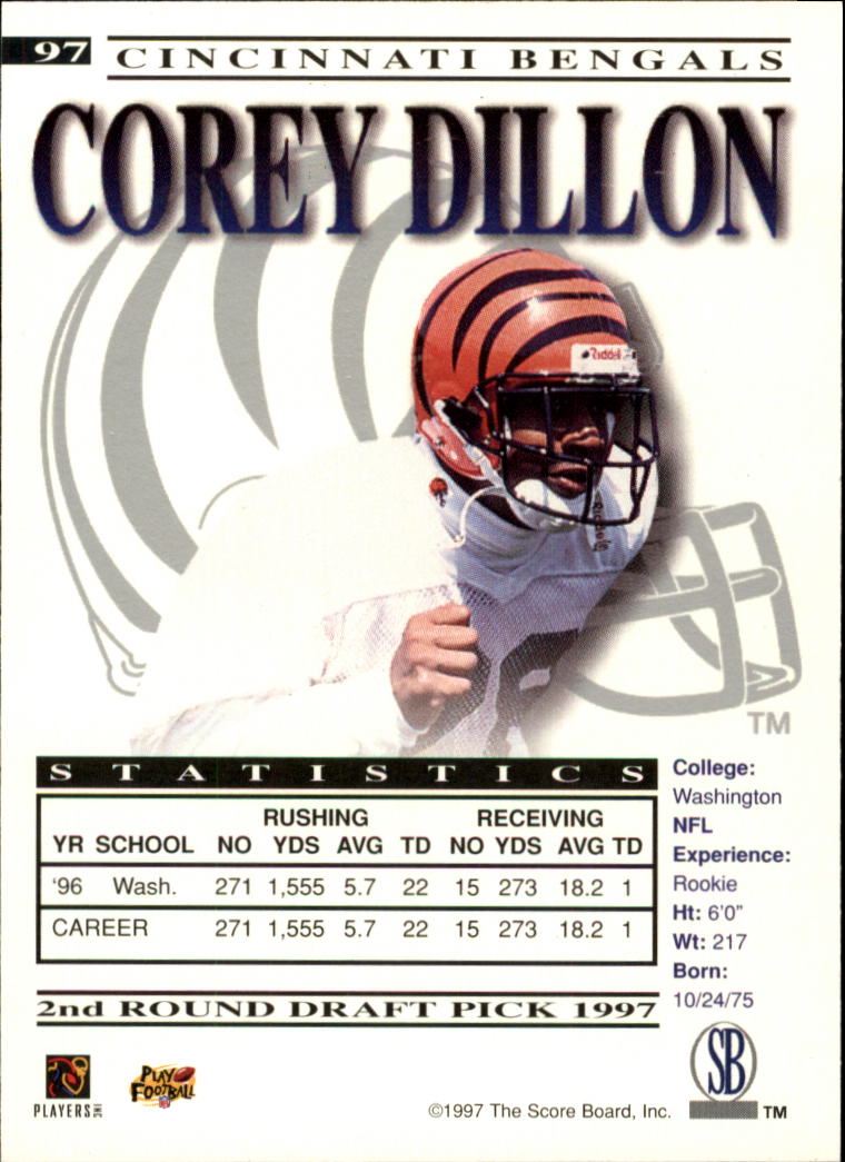 1997 Pro Line Gems #97 Corey Dillon RC back image