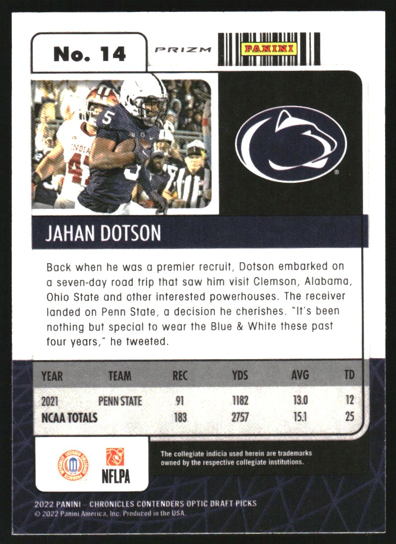 2022 Panini Chronicles Draft Picks Contenders Optic Pink #14 Jahan Dotson