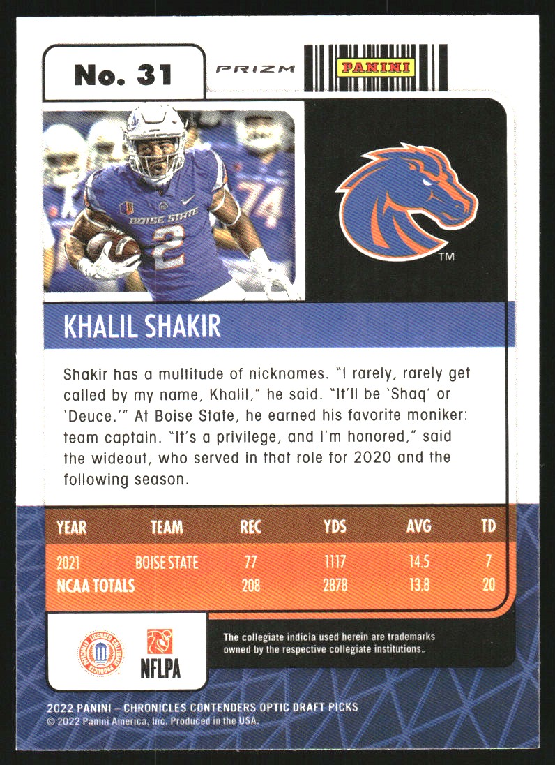 2022 Panini Chronicles Draft Picks Contenders Optic Pink #31 Khalil Shakir