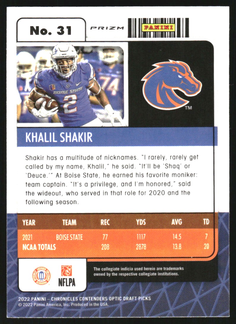 2022 Panini Chronicles Draft Picks Contenders Optic Silver #31 Khalil Shakir