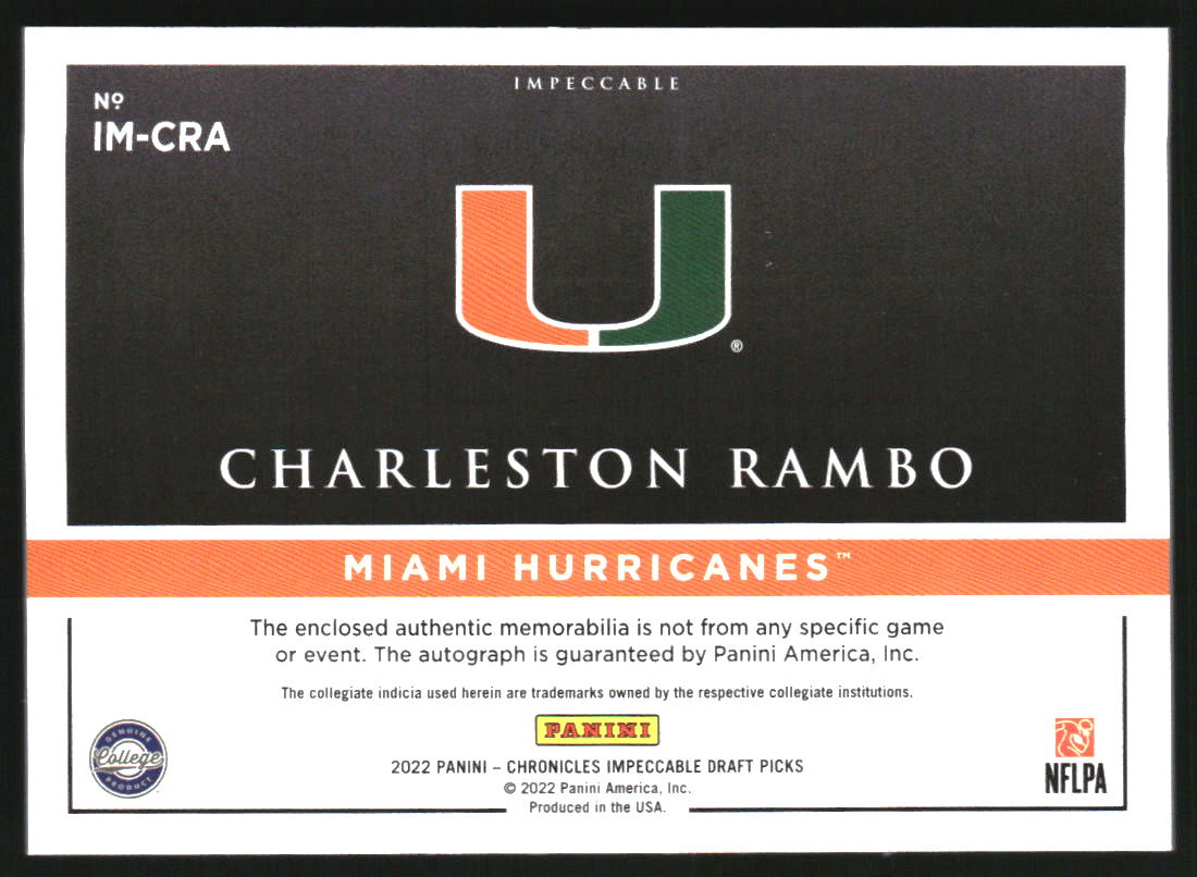 2022 Panini Chronicles Draft Picks Impeccable Elegance Jersey Autographs #46 Charleston Rambo/199