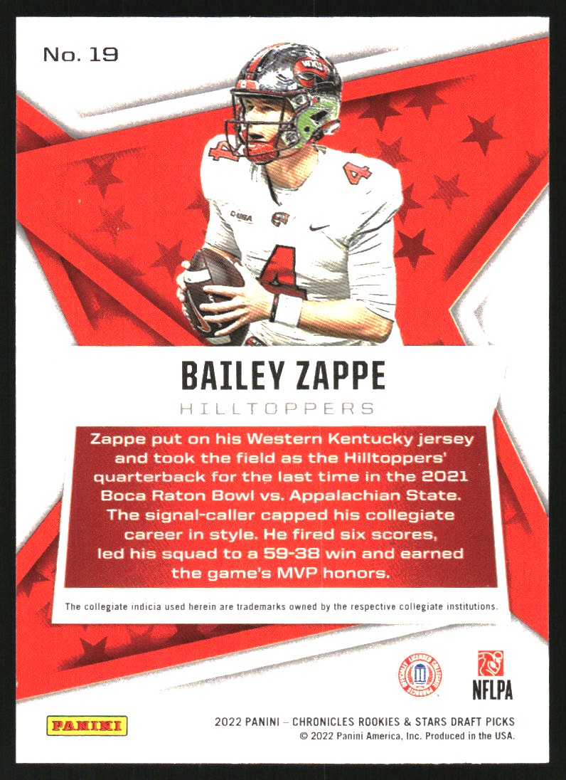 Bailey Zappe 2022 Panini Chronicles Rookie Western Kentucky $1.50 SHIPPING