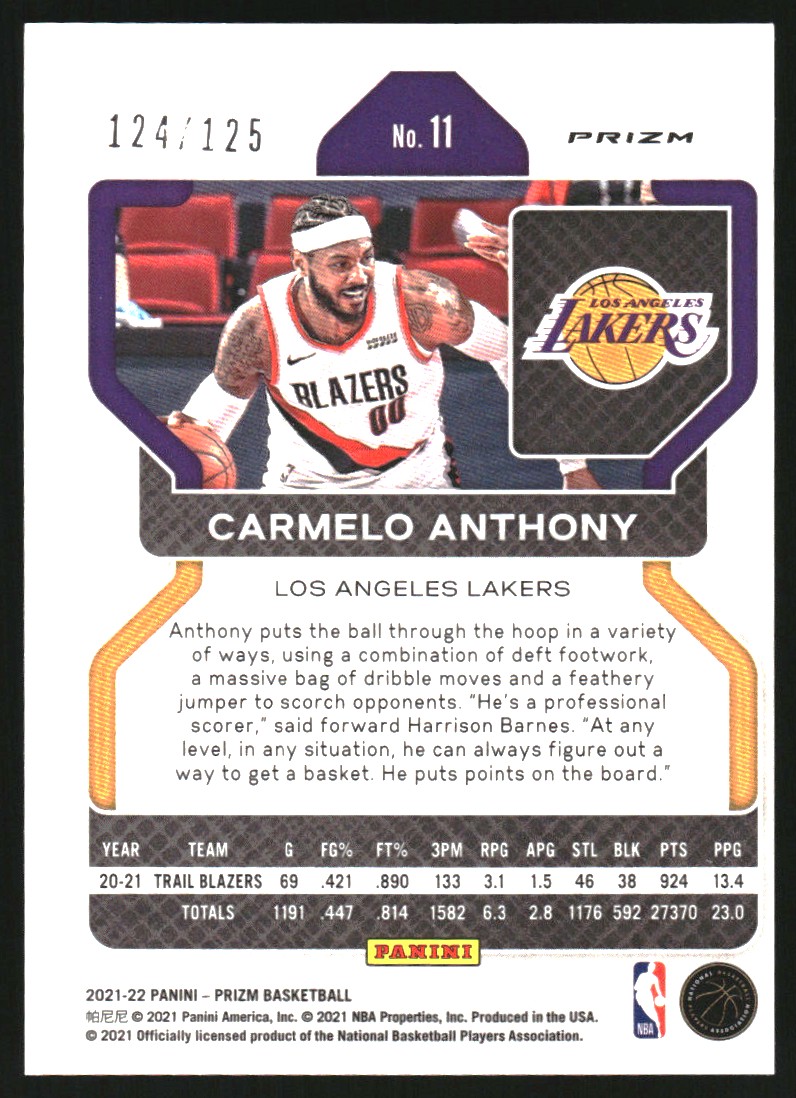 2021-22 Panini Prizm Prizms Blue Ice #11 Carmelo Anthony