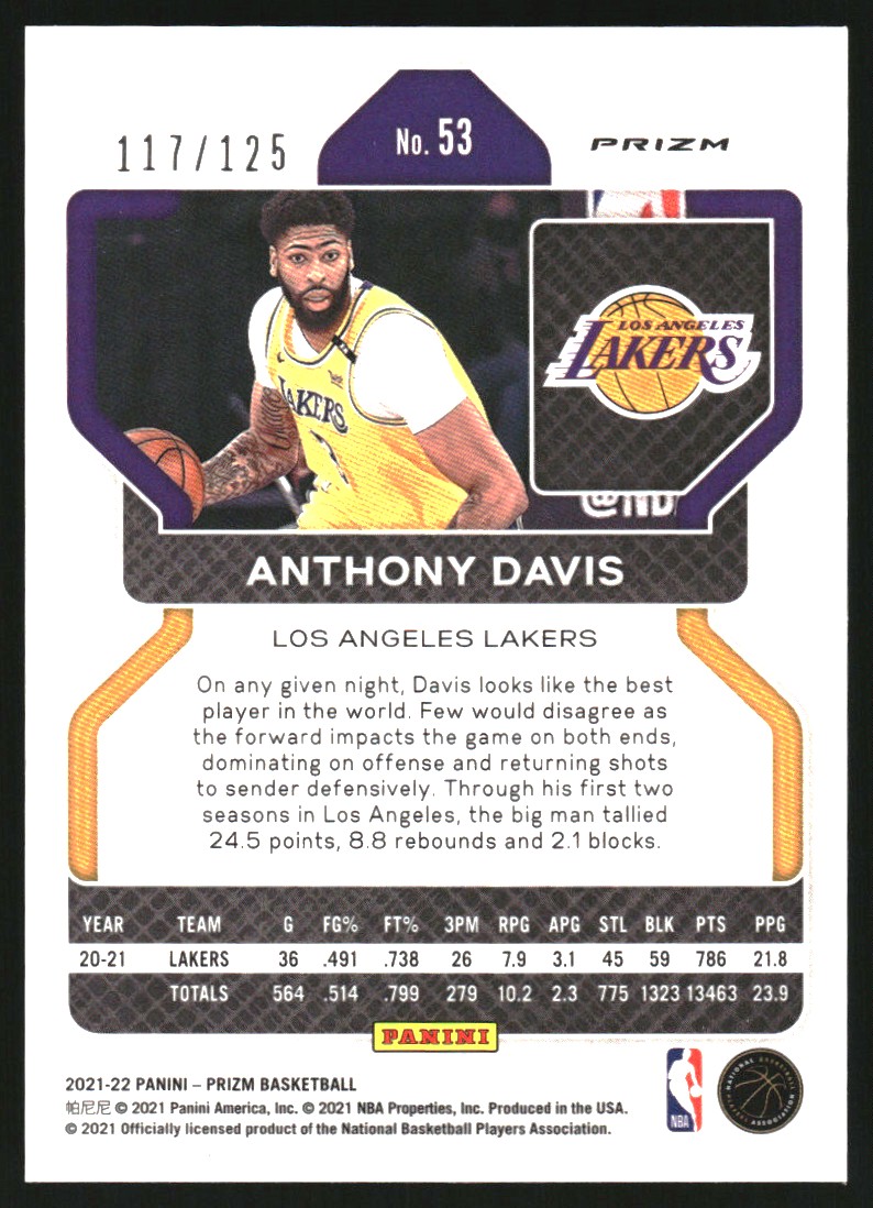 2021-22 Panini Prizm Prizms Blue Ice #53 Anthony Davis