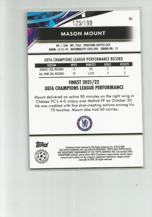 2021-22 Finest UEFA Champions League RayWave Refractors #31 Mason Mount ...