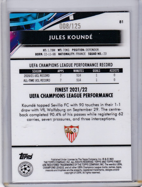 2021-22 Finest UEFA Champions League Pink Prism Refractors #81 Jules Kounde back image
