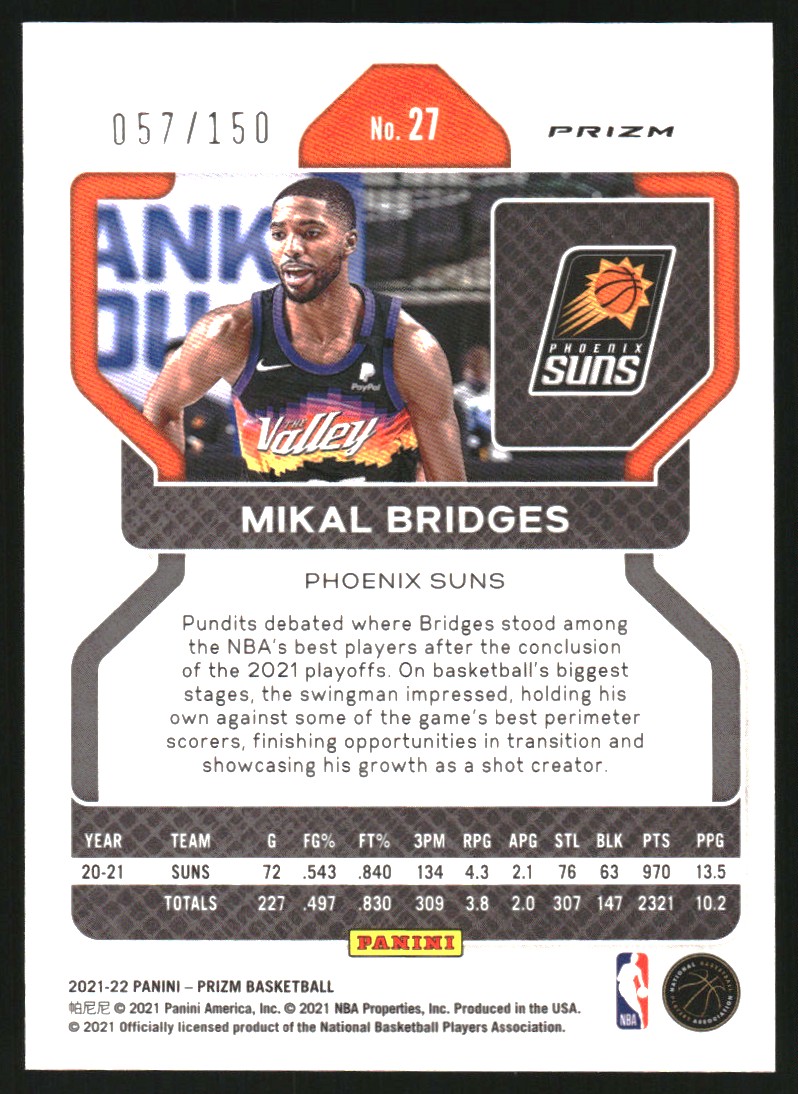2021-22 Panini Prizm Prizms Fast Break Blue #27 Mikal Bridges