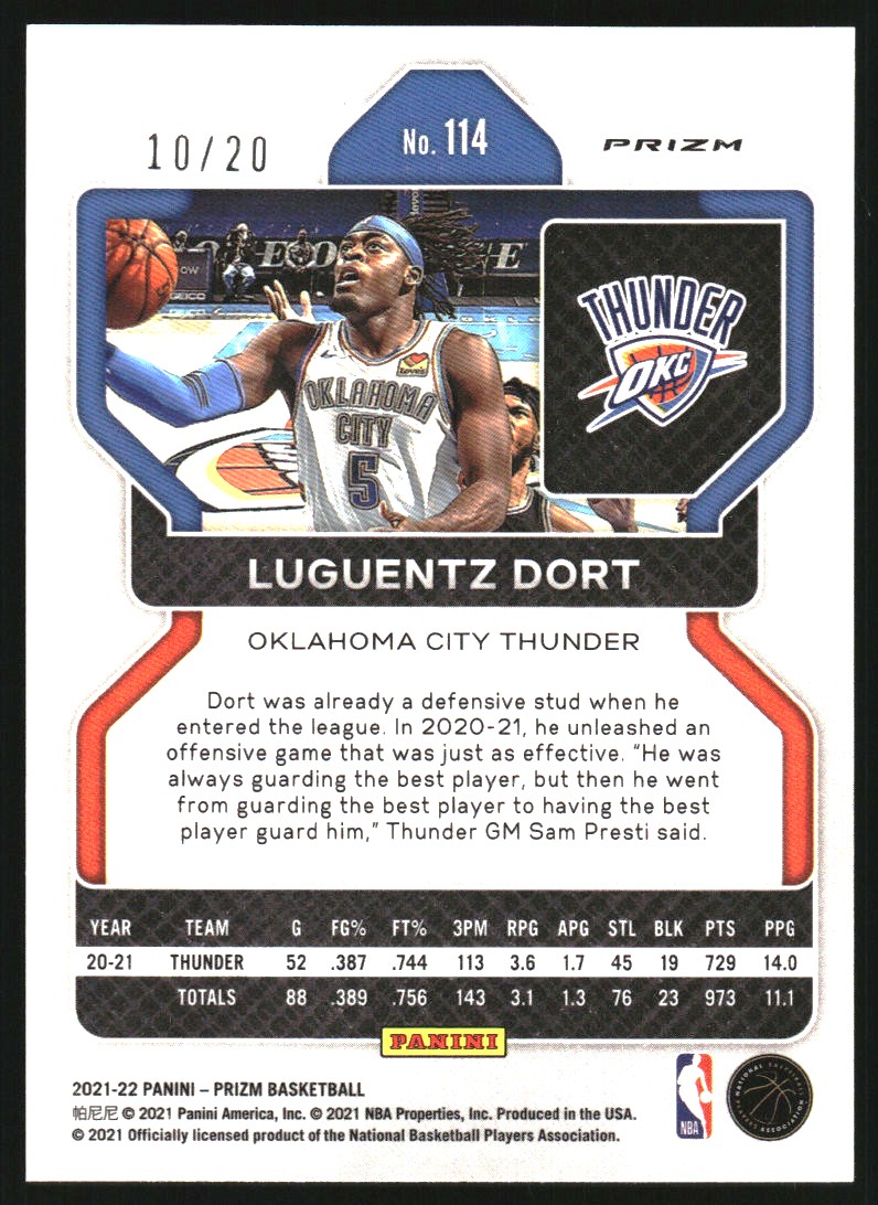 2021-22 Panini Prizm Prizms Fast Break Bronze #114 Luguentz Dort