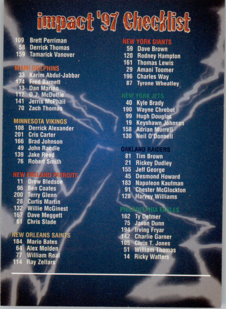 1997 Skybox Impact Football "Main Set" Base Cards - Picture 477 of 480