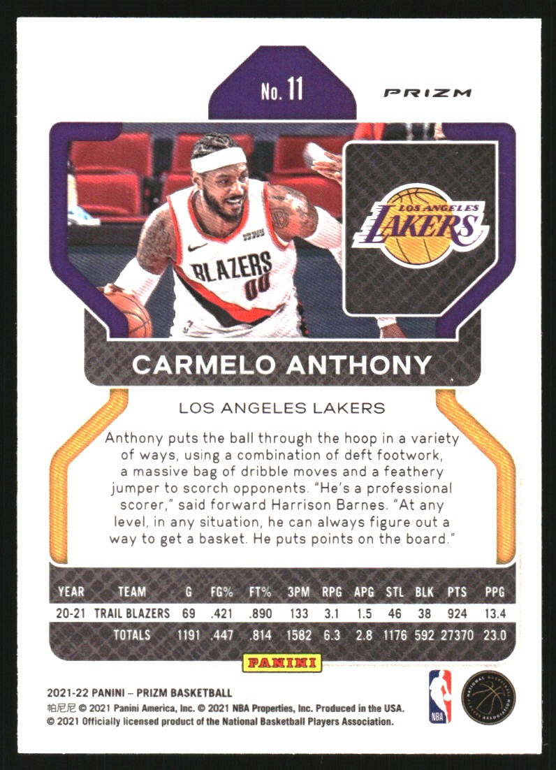 2021-22 Panini Prizm Prizms Hyper #11 Carmelo Anthony
