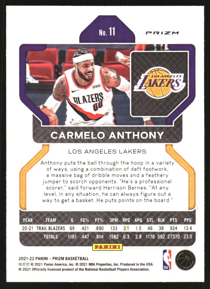 2021-22 Panini Prizm Prizms Purple Wave #11 Carmelo Anthony