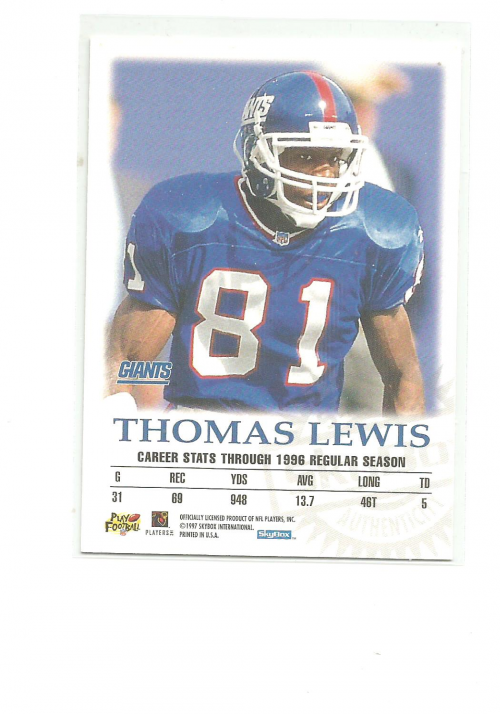 1997 SkyBox Premium Autographics #38 Thomas Lewis IM/S back image
