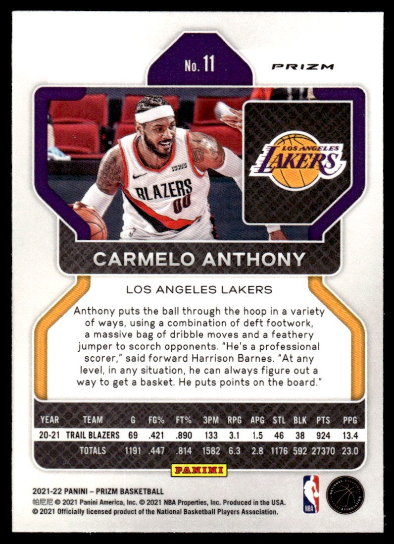 2021-22 Panini Prizm Prizms Ruby Wave #11 Carmelo Anthony