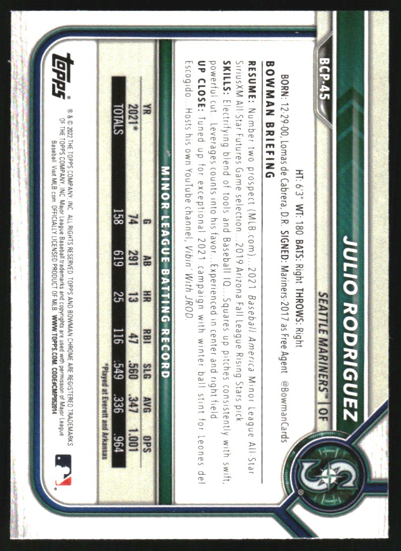 2022 Bowman Chrome Mega Box Prospects #BCP45 Julio Rodriguez