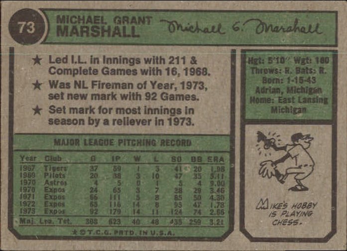 1974 Topps #73 Mike Marshall Montreal Expos EX  D14730 back image